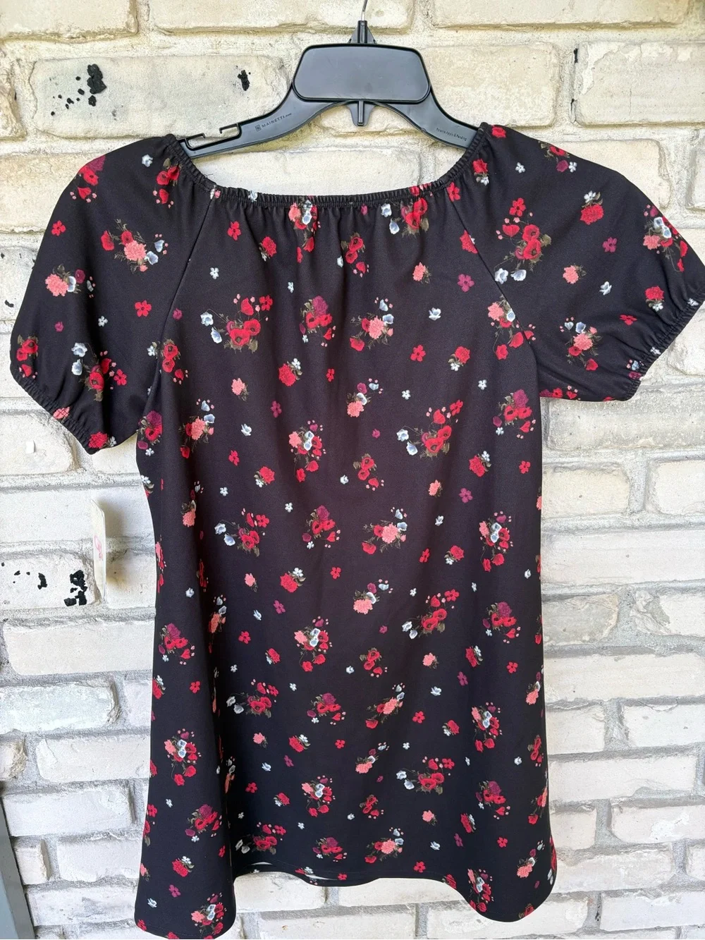 Black Floral Short Sleeve dress with  red Floral Print.
